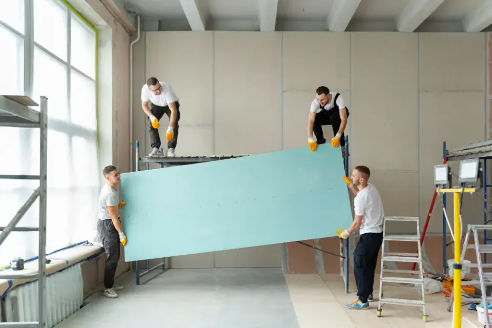 Four-person crew maneuvering a drywall sheet up to scaffolding inside a sunlit room.
