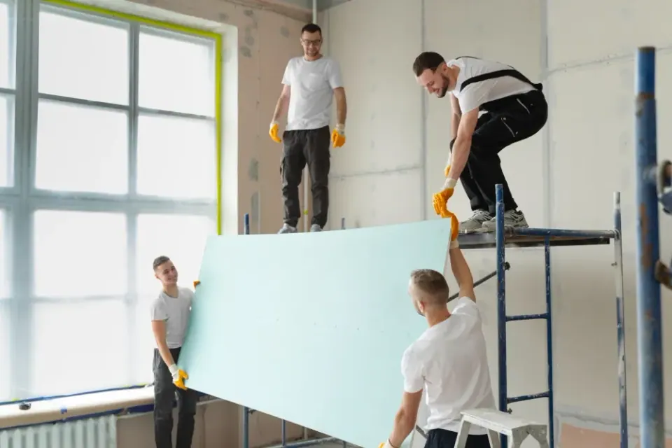 Crew members passing a drywall panel up a scaffold tower during a room renovation.