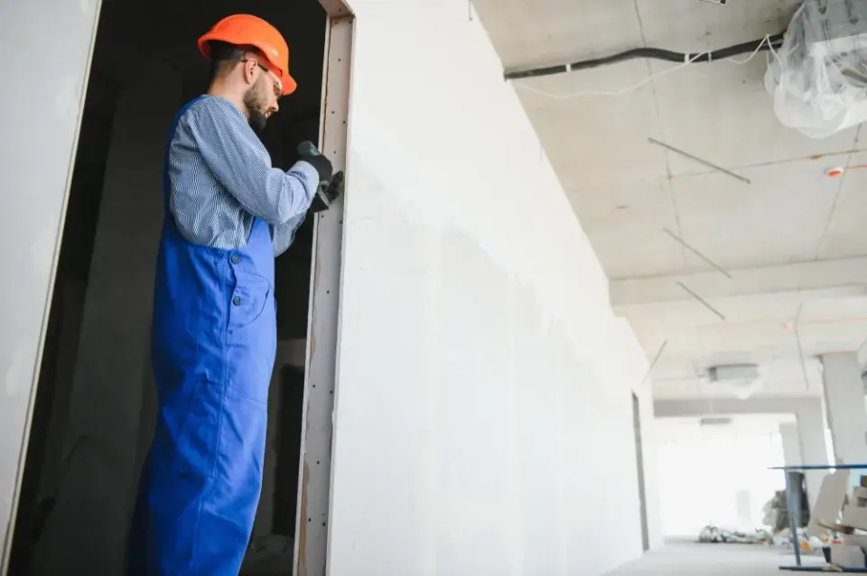 A contractor in a hard hat fits drywall trim around a doorway in an unfinished commercial space.