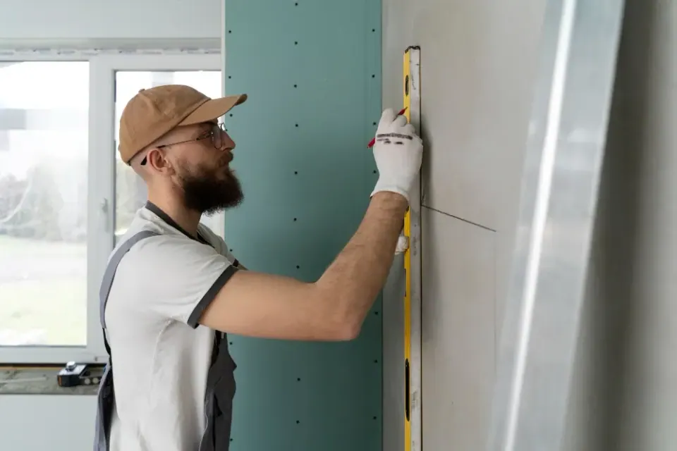 Installer checking a drywall panel for plumb with a level before fastening it to the studs.