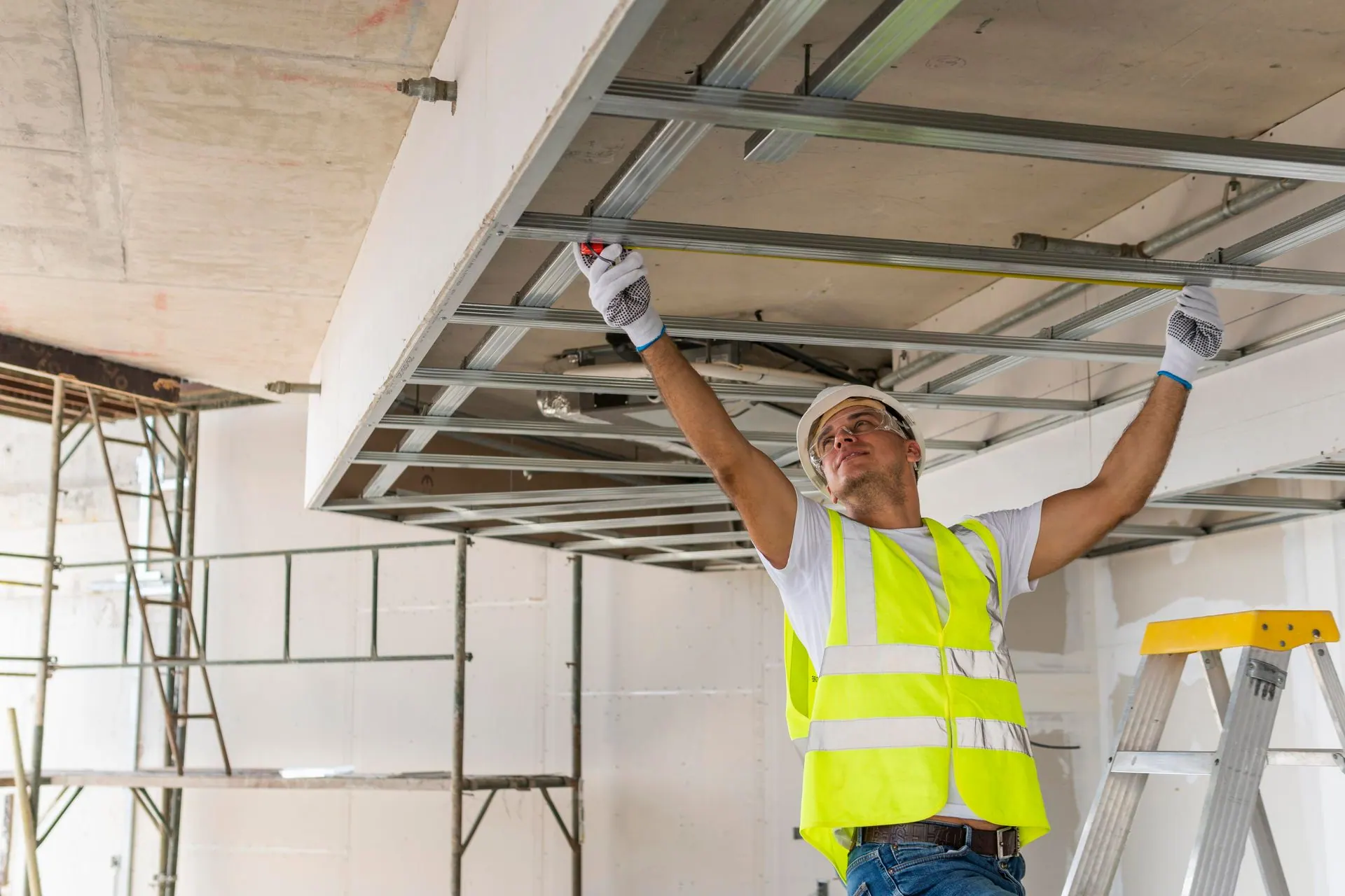 A worker in a safety vest secures metal track framing for a ceiling drywall installation.