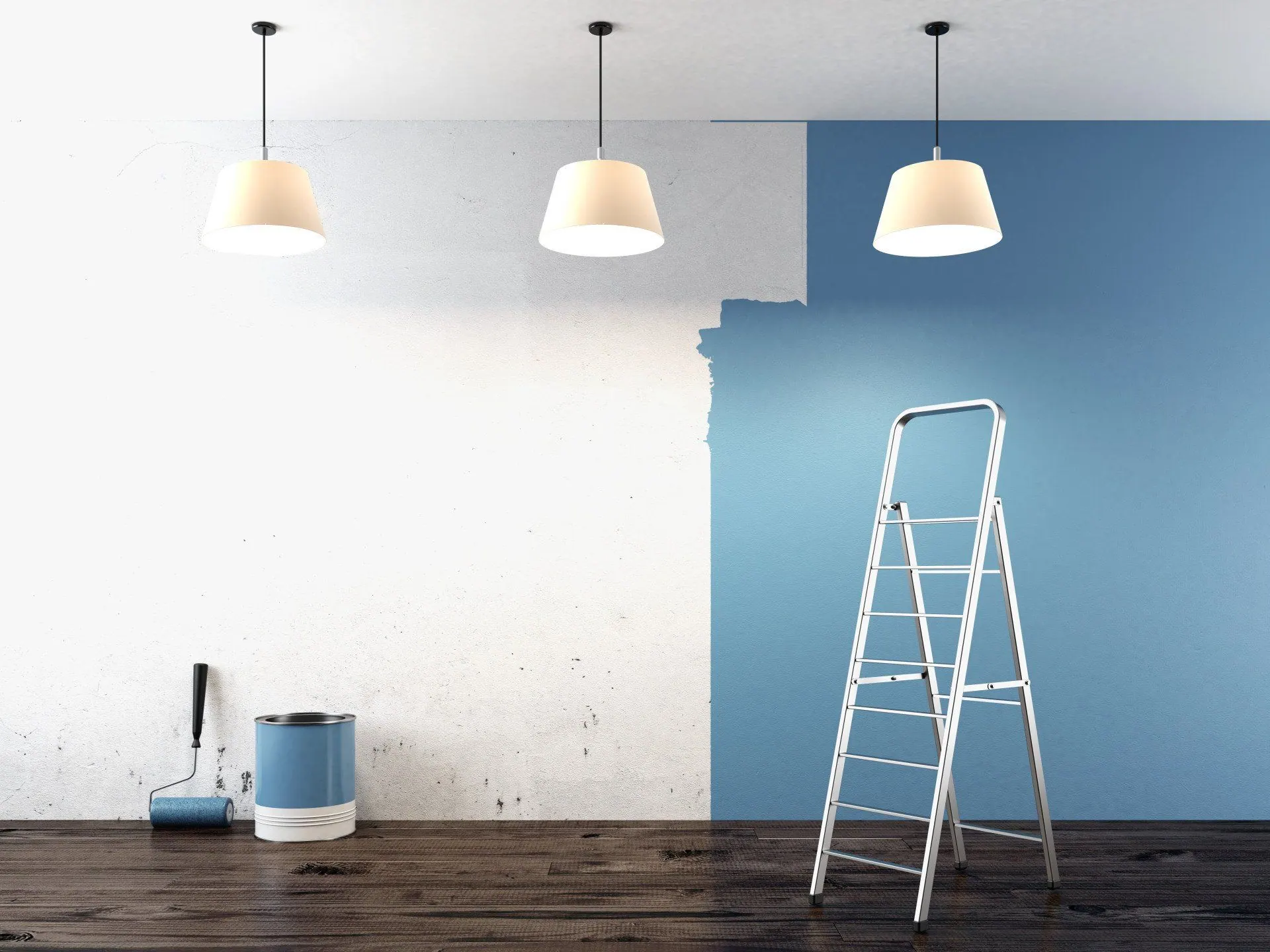A room mid-repaint, half white and half blue, with a ladder and pendant lights overhead.
