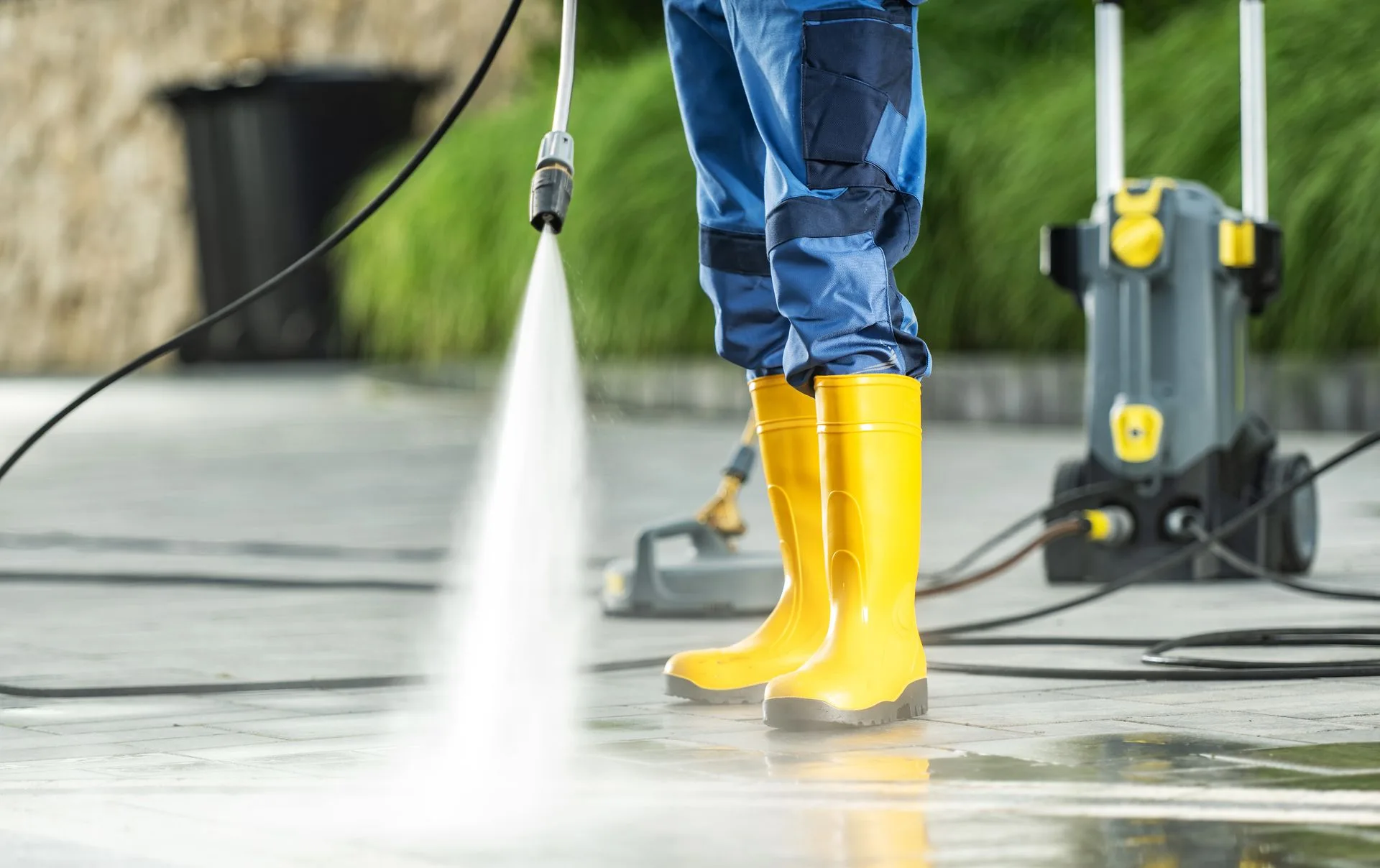 Worker in yellow boots power washing a concrete walkway beside a pressure washer in Iredell County, NC.